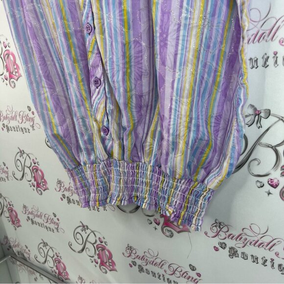 Shirt flowers ruffle details vintage Striped Purple Blouse with Floral Accents - Picture 3 of 10